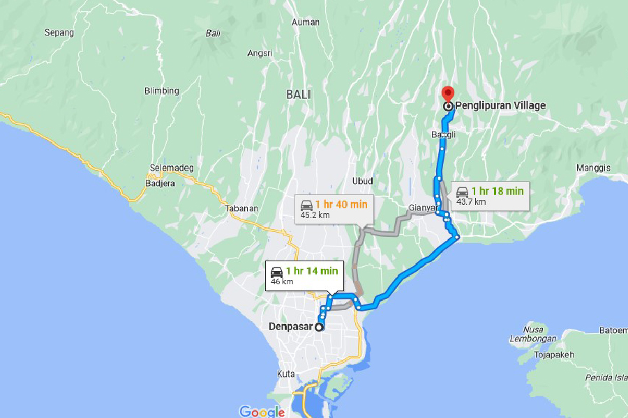 Route to Penglipuran village from Denpasar